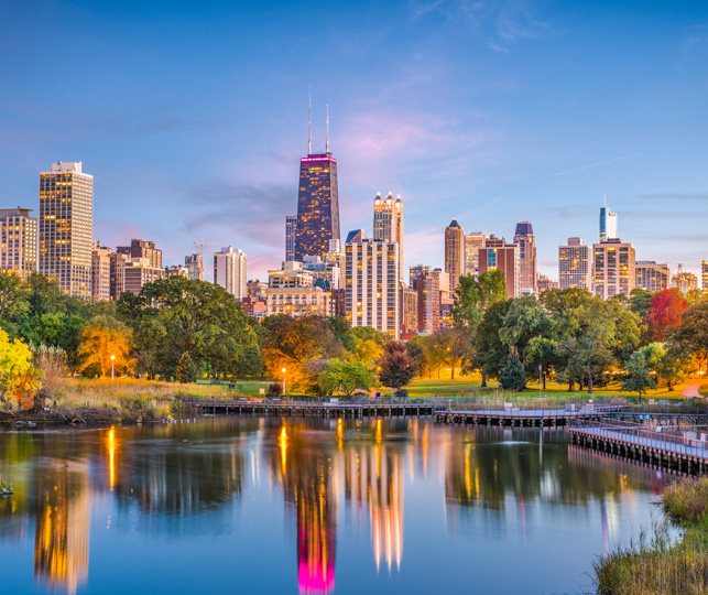 The Chicago, Illinois downtown skyline from Lincoln Park at twilight.